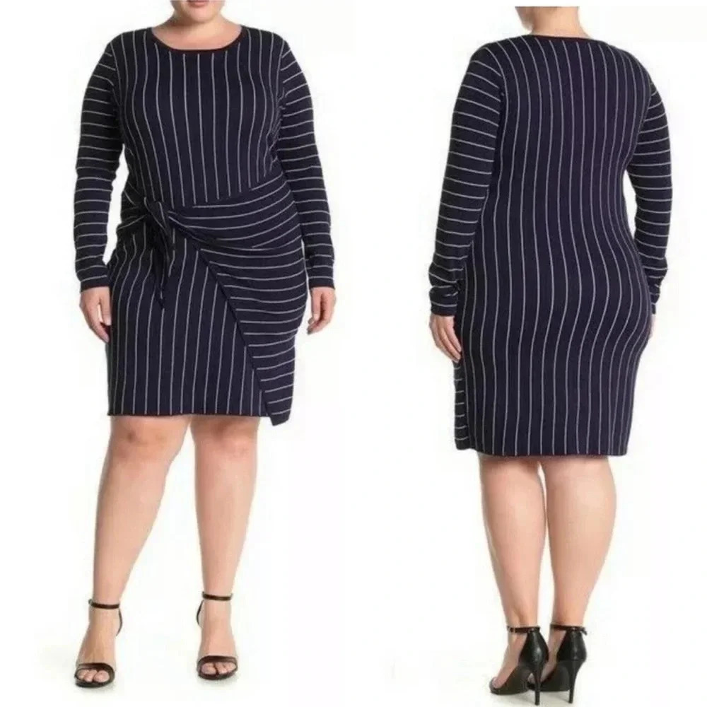 New City Chic Bow Wrap Striped Sweater Dress navy tie waist pinstripe career